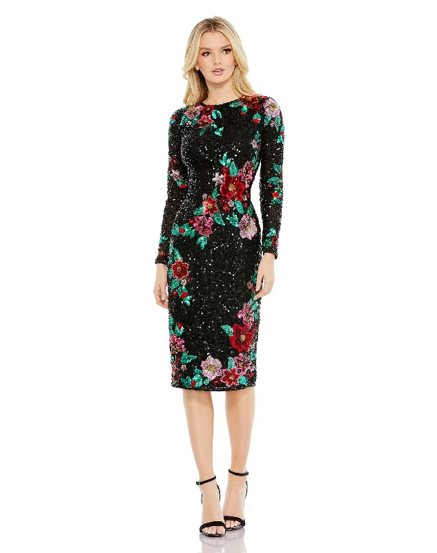 Mac Duggal 5596 Long Sleeve Floral Sequin Cocktail Midi Dress