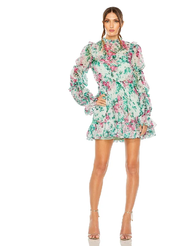 Mac Duggal 56008 Floral Long Sleeve Cocktail Mini Dress