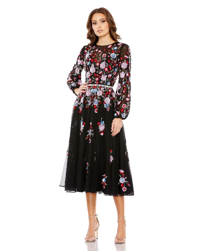 Mac Duggal 5712 Long Sleeve Floral A Line Cocktail Midi Dress