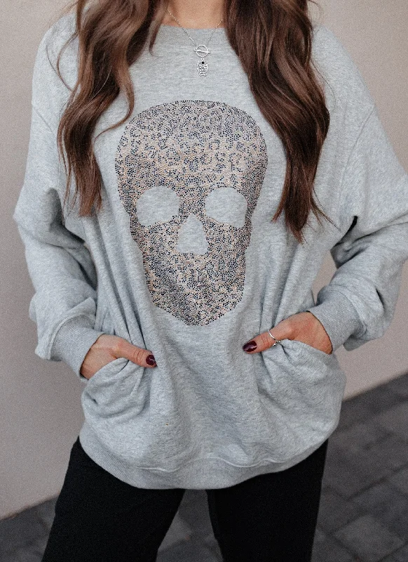 Pocket Leopard Rhinestone Skull Sweater