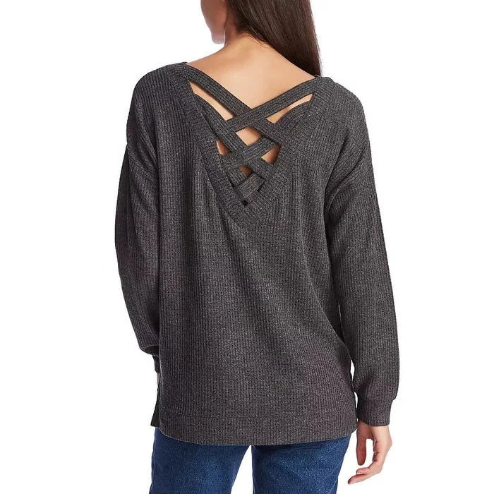 1.STATE Women's Lattice V-Back Waffle Weave Sweater Charcoal