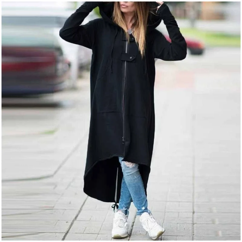 2019 Winter Trench Coat For Women Hooded Zipper Button Black Long Coat