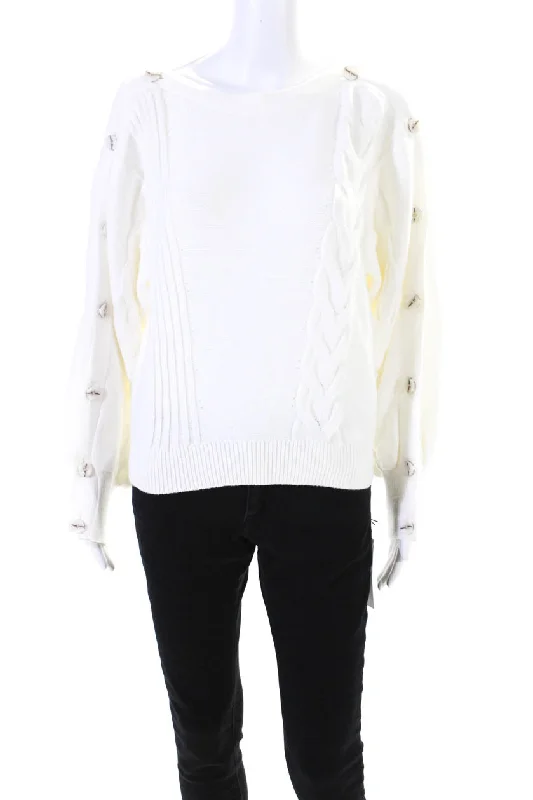 Adeam Womens Cottage Button Sleeve Boat Neck Sweater Top White