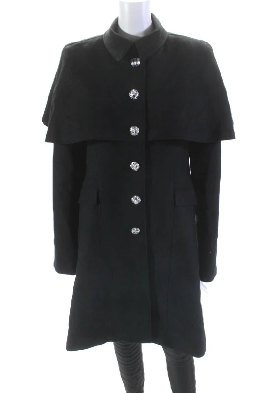 Adeam Womens Long Sleeve Button Front Long Cape Coat Black Wool