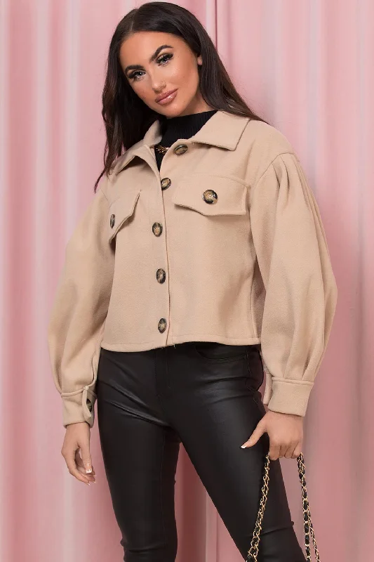 Beige Cropped Shacket Jacket With Puff Sleeves