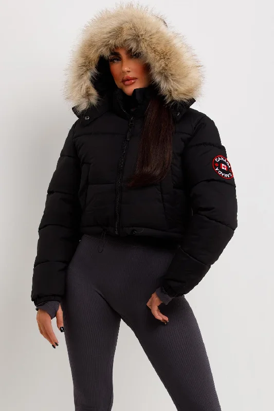 Black Puffer Jacket With Fur Hood Cropped