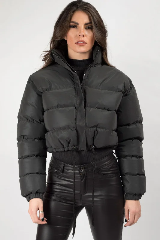 Black Padded Puffer Cropped Jacket Reflective