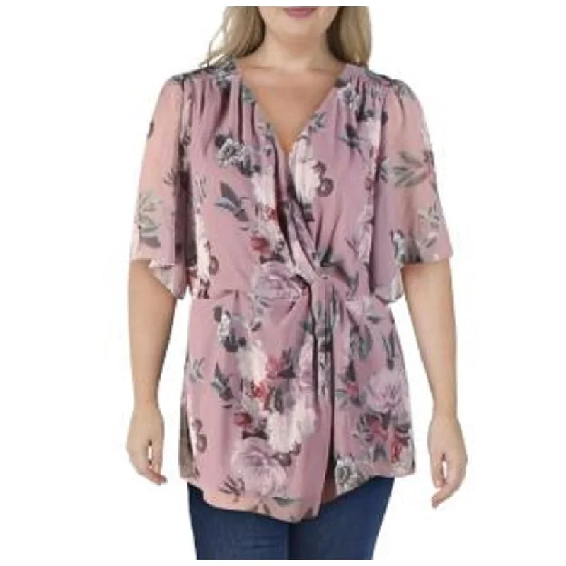 City Chic Women's Plus Floral Print Butterfly Sleeve Top Orchid Size 24W