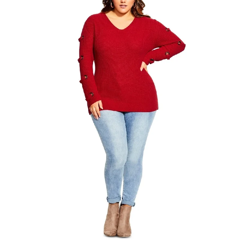 City Chic Women's Trendy Grommet Sleeved Sweater Red Size 20W