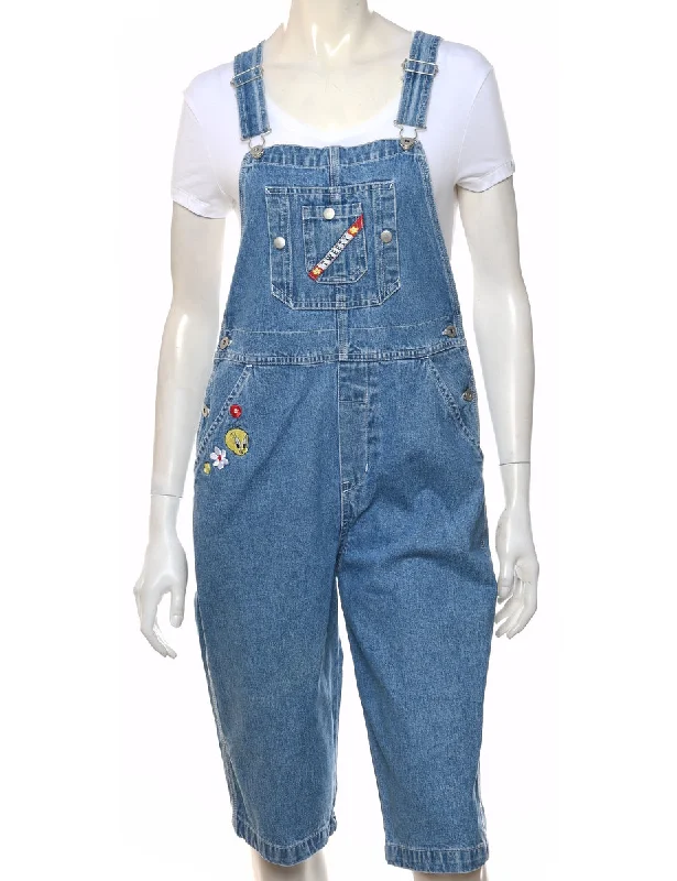 Cropped 1990s Embroidered Tweety Design Dungarees  - W34 L15