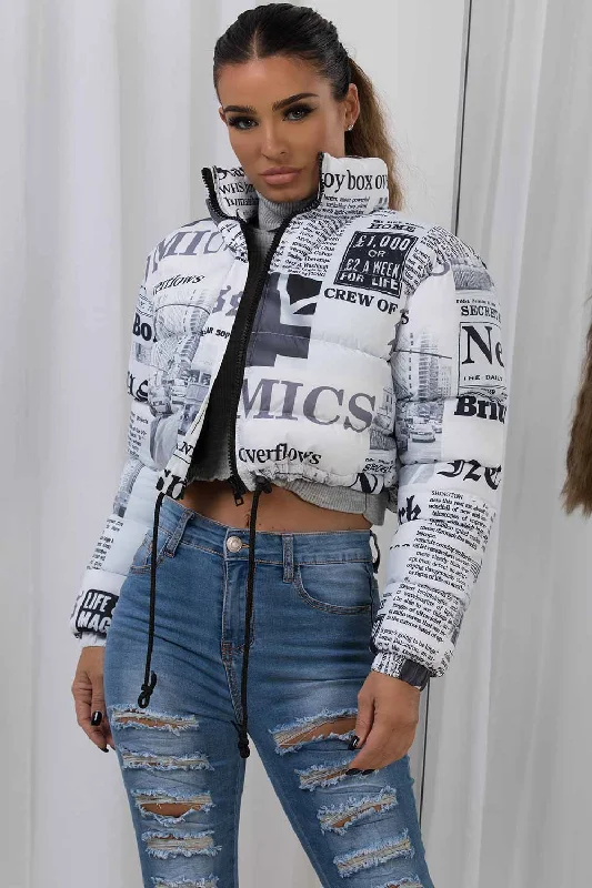 Cropped Puffer Jacket Newspaper Print