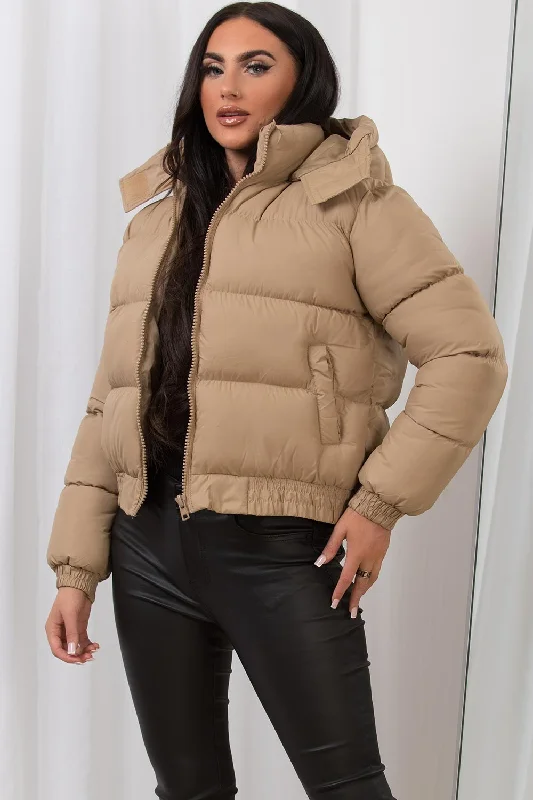 Cropped Puffer Jacket with Hood Beige