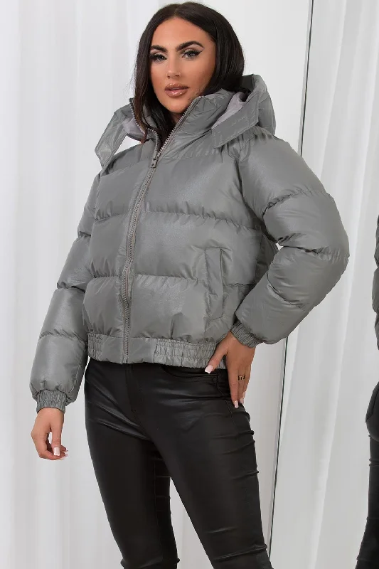 Cropped Puffer Jacket with Hood Grey