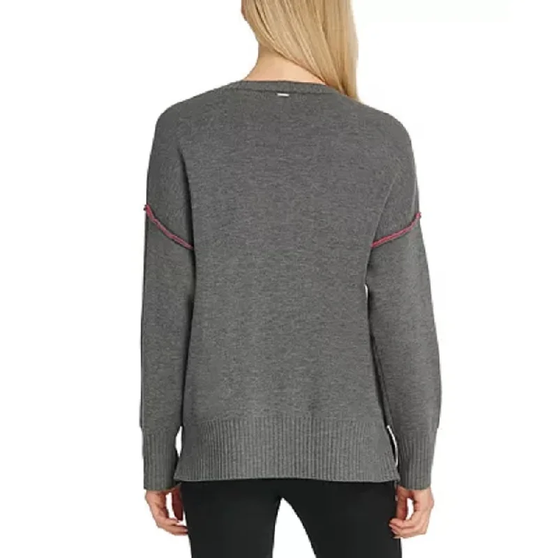 Dkny Women's Contrast-Trim Double-Knit Sweater Gray Size Medium