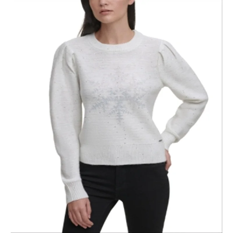 Dkny Women's Sequin Snowflake Sweater White Size Medium