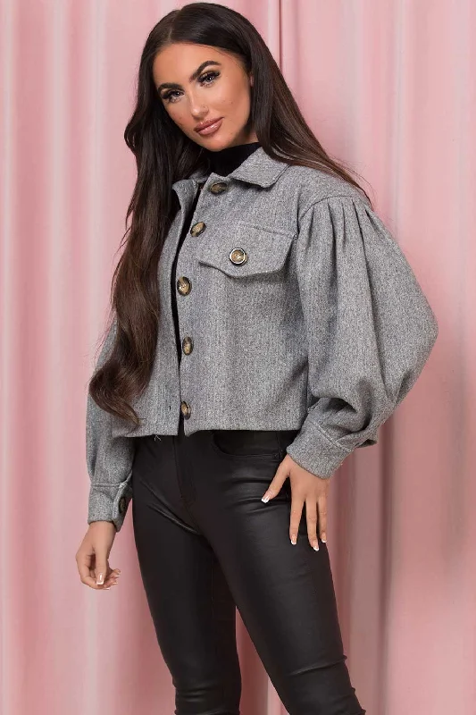 Grey Cropped Shacket Jacket With Puff Sleeves