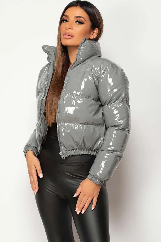 Grey Shiny Vinyl Puffer Jacket Cropped