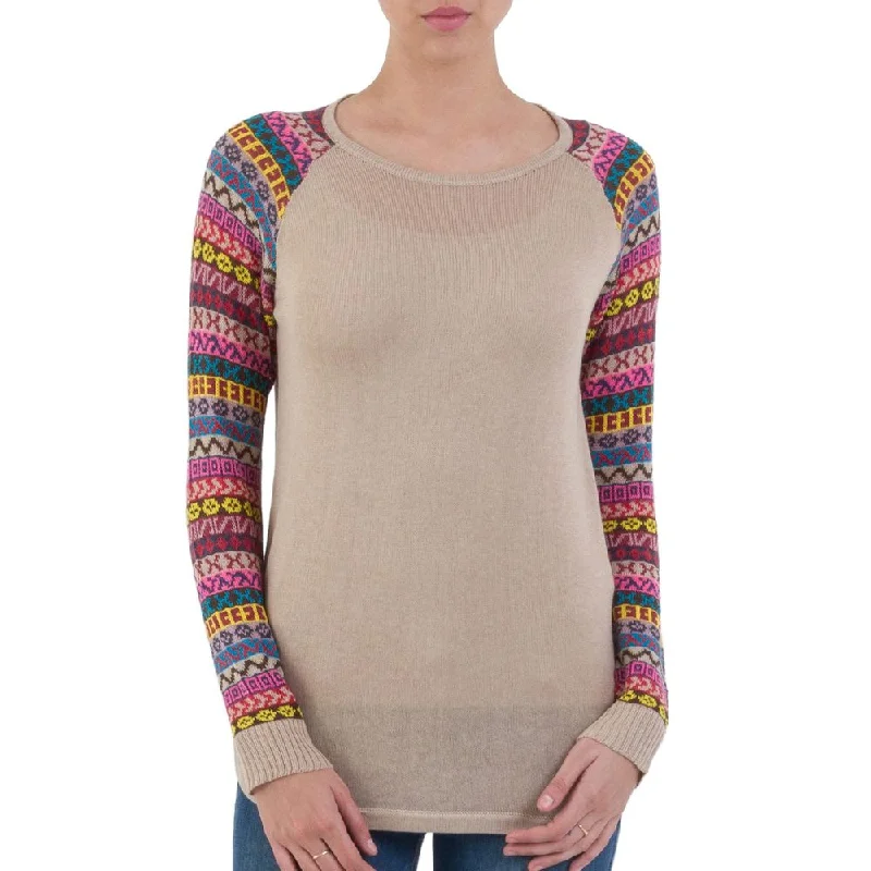 Handmade Acrylic Cotton Blend 'Andean Walk in Pale Beige' Sweater (Peru)