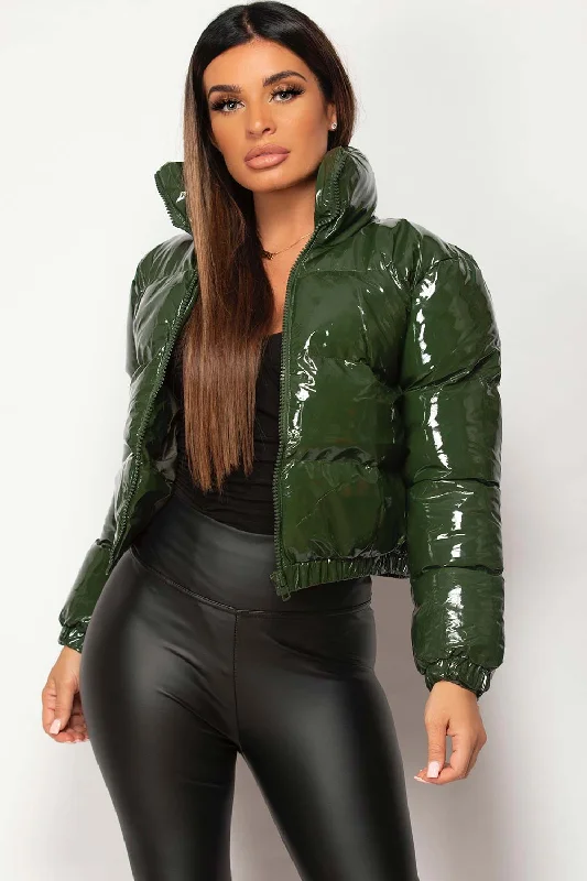 High Shine Vinyl Puffer Jacket Cropped Khaki