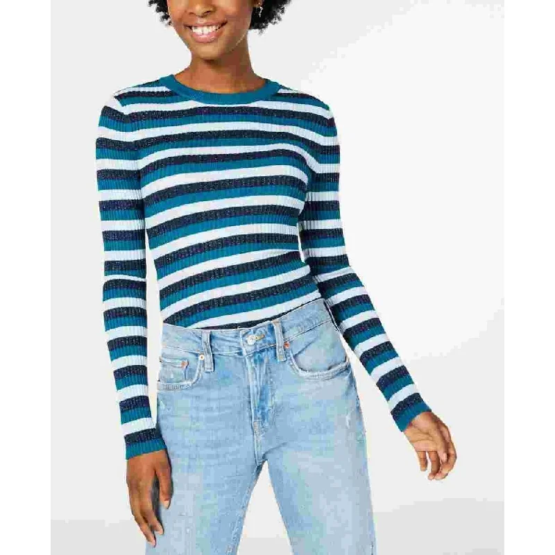 Hooked Up By Iot Junior's Shine Striped Rib Knit Sweater Blue Size Large