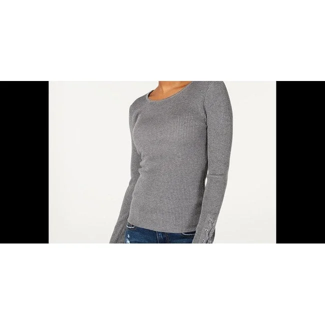 Hooked Up By Iot Women's Knit Fitted Textured Grommet Lace Up Long Sleeve Scoop Neck Sweater Gray Size X-Small