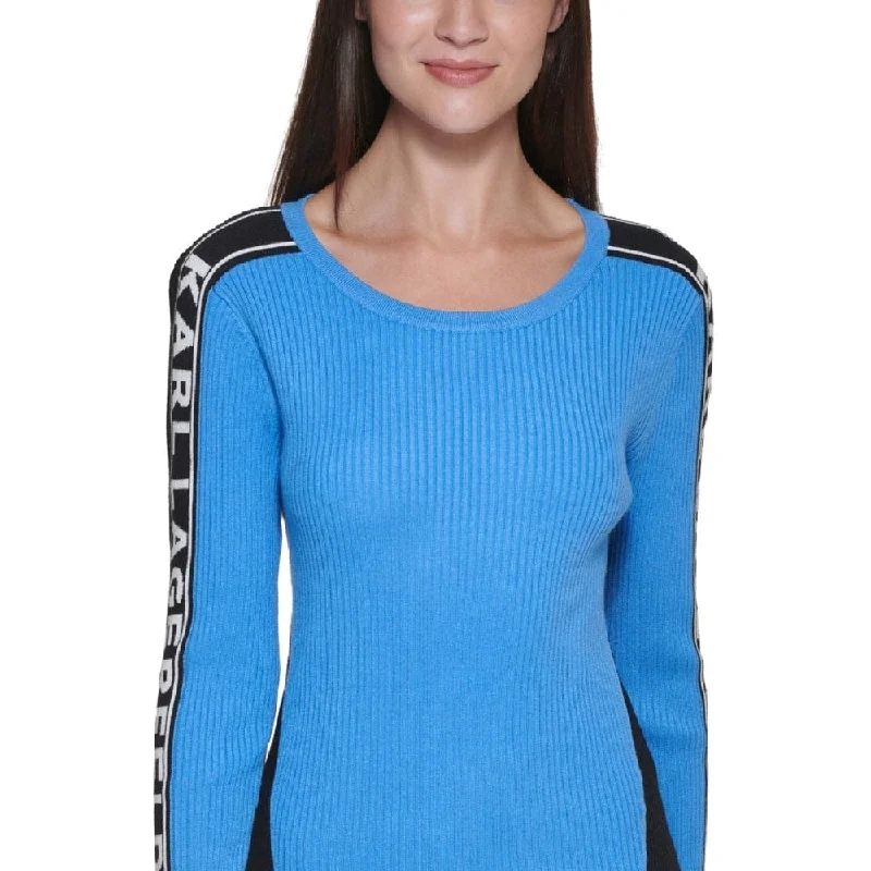 Karl Lagerfeld Paris Women's Logo Sleeve Ribbed Sweater Blue Size Small