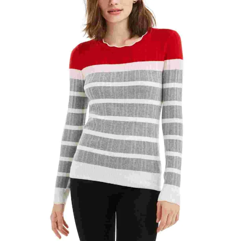 Maison Jules Women's Gray Striped Long Sleeve Jewel Neck Sweater Red Size X-Large