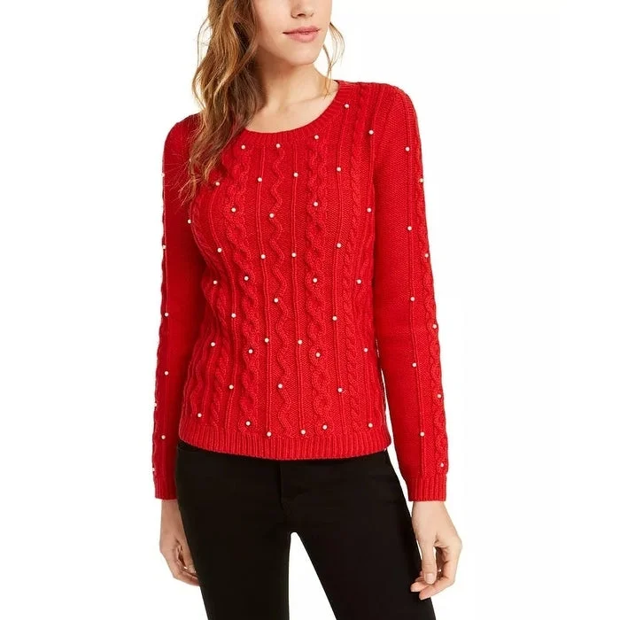 Maison Jules Women's Imitation-Pearl Cable-Knit Sweater Red Size Xxs