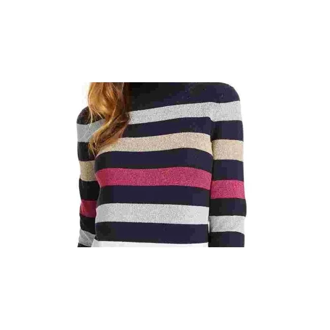 Maison Jules Women's Mock Neck Metallic Stripe Sweater Blue Size X-Small