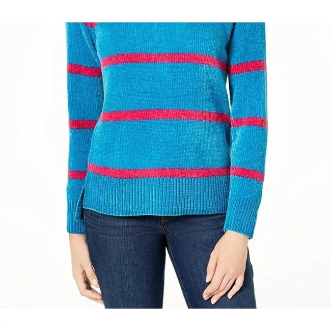 Maison Jules Women's Striped Chenille Sweater Bright Blue Size Xxs