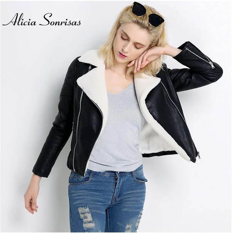 New 2019 Faux Sheepskin Shearling Winter Coat Women Black Warm Motorcycle Street Soft Lamb Fur Women Leather  Jacket UV3018