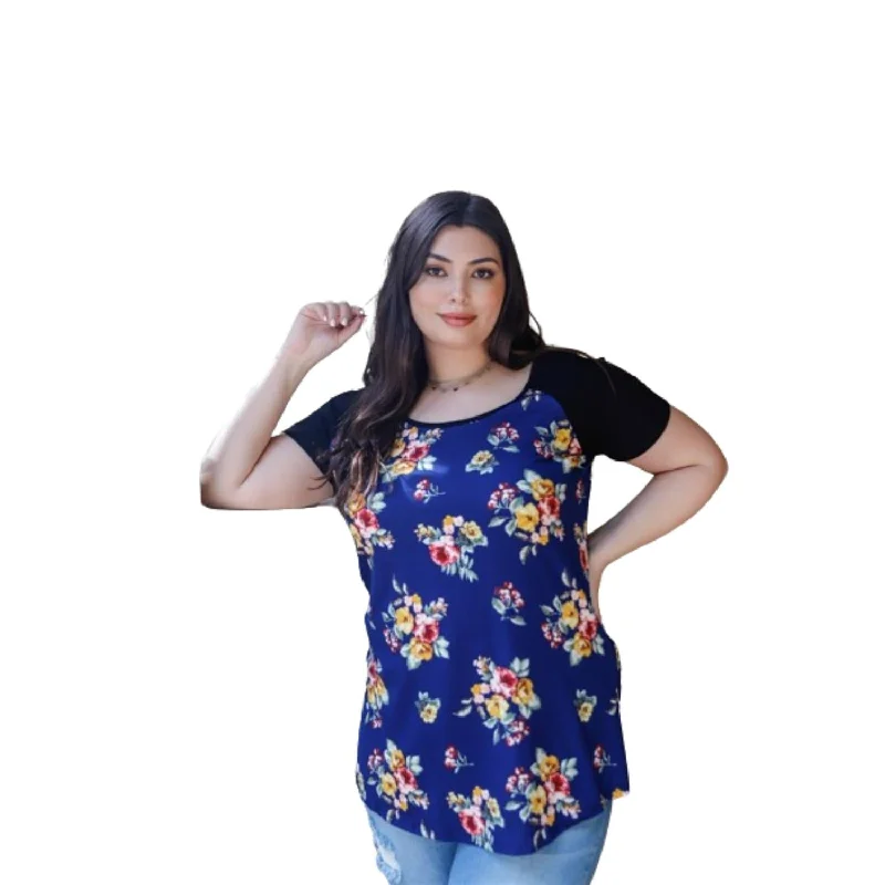 Plus Floral Print & Ribbed Black Colorblock Top