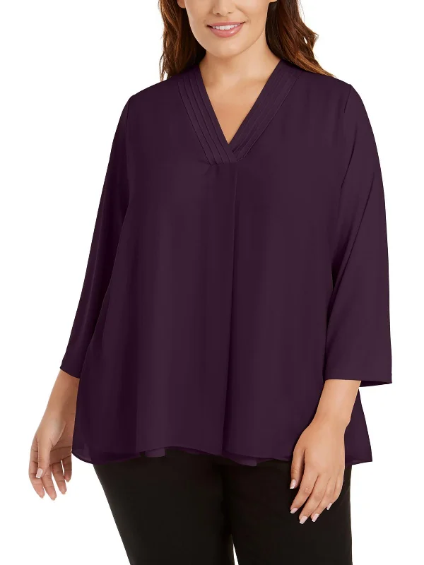 Plus Womens Chiffon Overlay Pleated Top