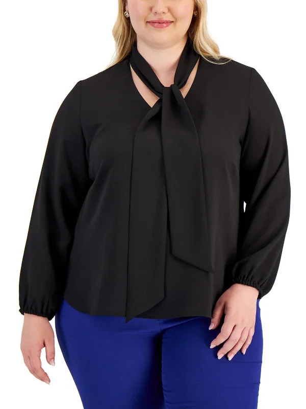 Plus Womens Chiffon Tie Neck Blouse