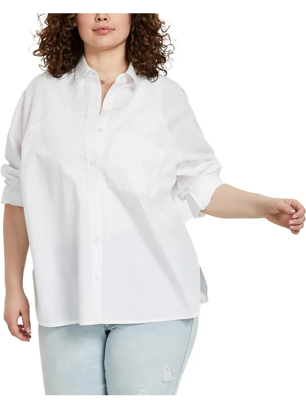 Plus Womens Cotton Collared Button-Down Top