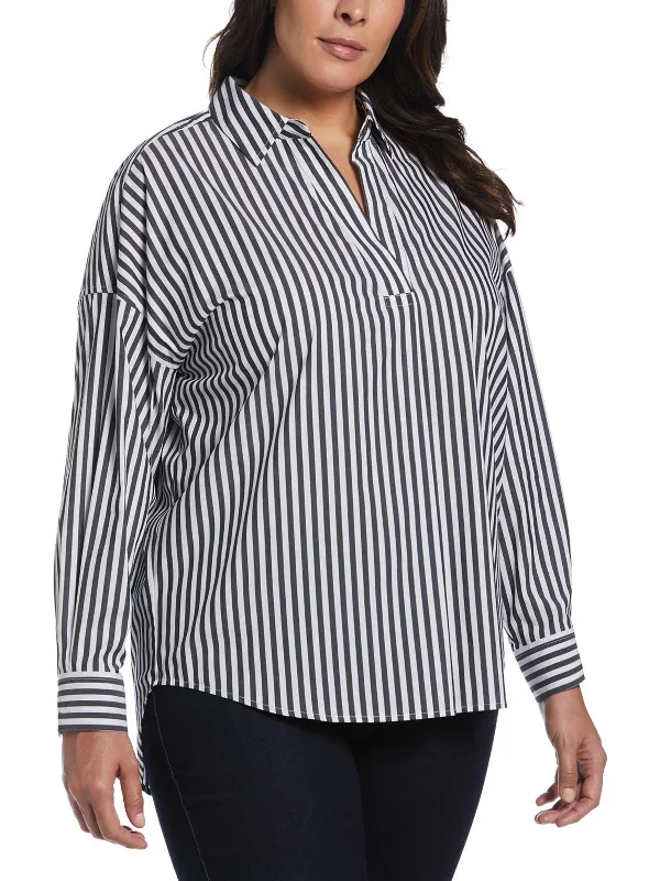 Plus Womens Cotton Split Neck Button-Down Top