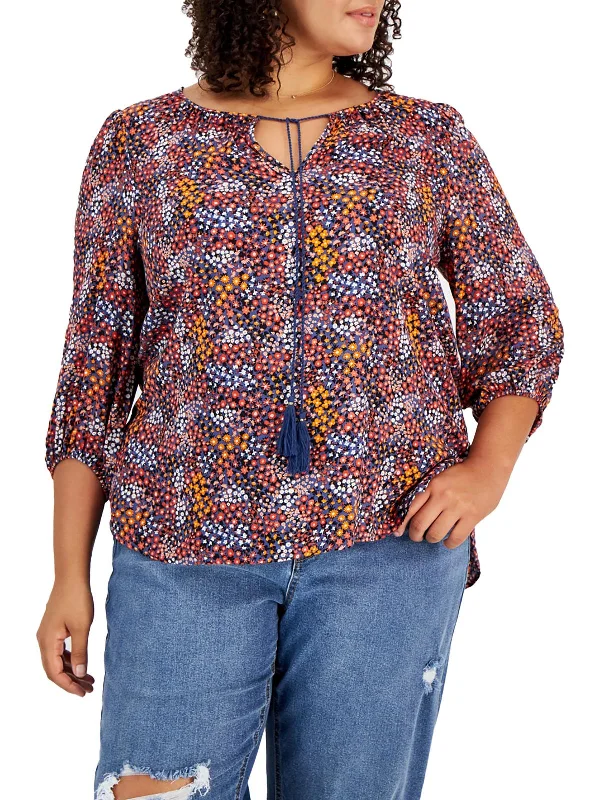 Plus Womens Floral Print Tassel Blouse