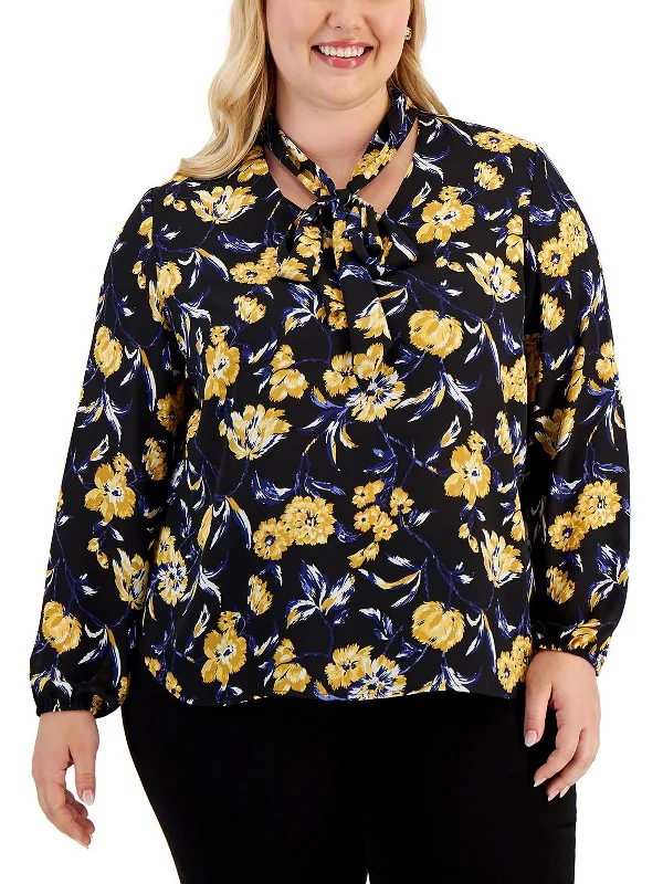 Plus Womens Floral Tie-Neck Blouse