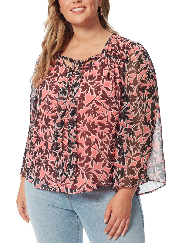 Plus Womens Floral Tie-Neck Blouse