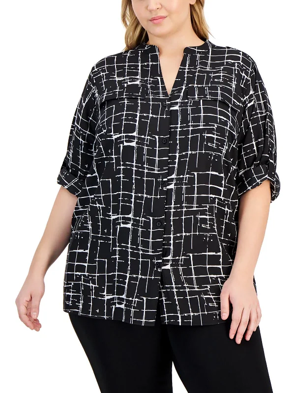 Plus Womens Mandarin Collar Rolled Sleeve Button-Down Top