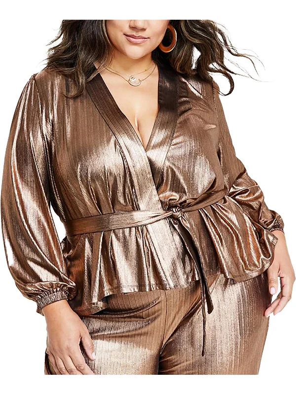 Plus Womens Metallic Belted Wrap Top