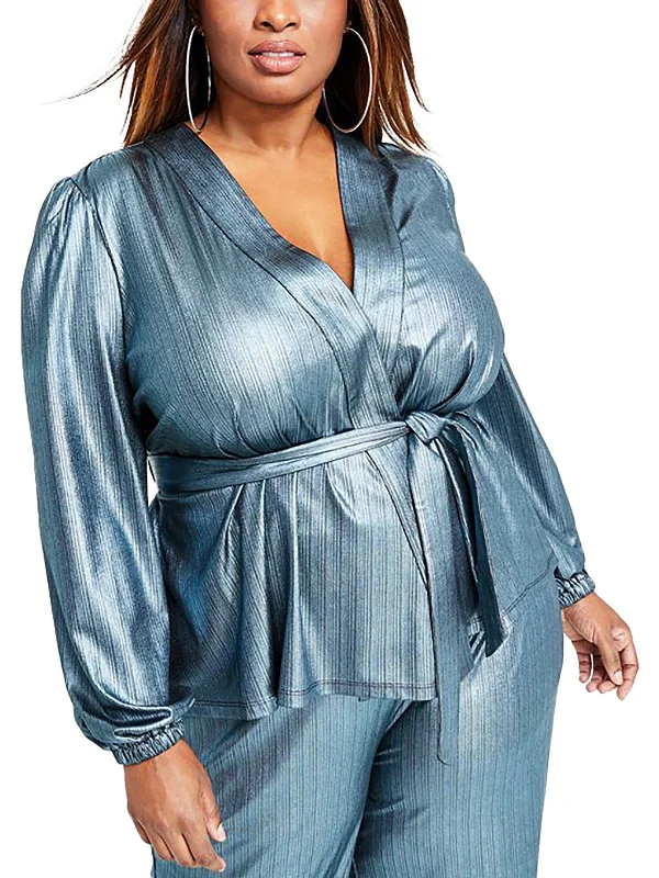 Plus Womens Metallic Belted Wrap Top