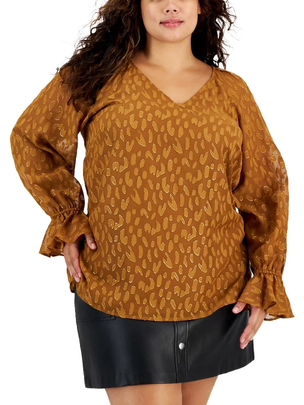 Plus Womens Metallic Burnout Blouse