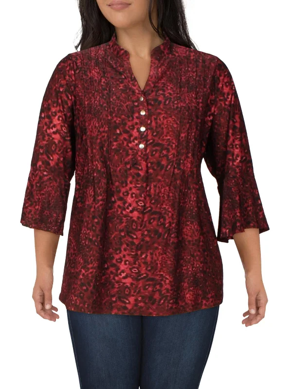 Plus Womens Pintuck Button Front Blouse