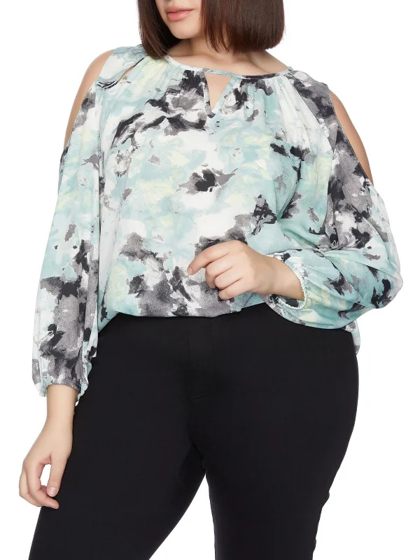 Plus Womens Printed Cold Shoulder Blouse