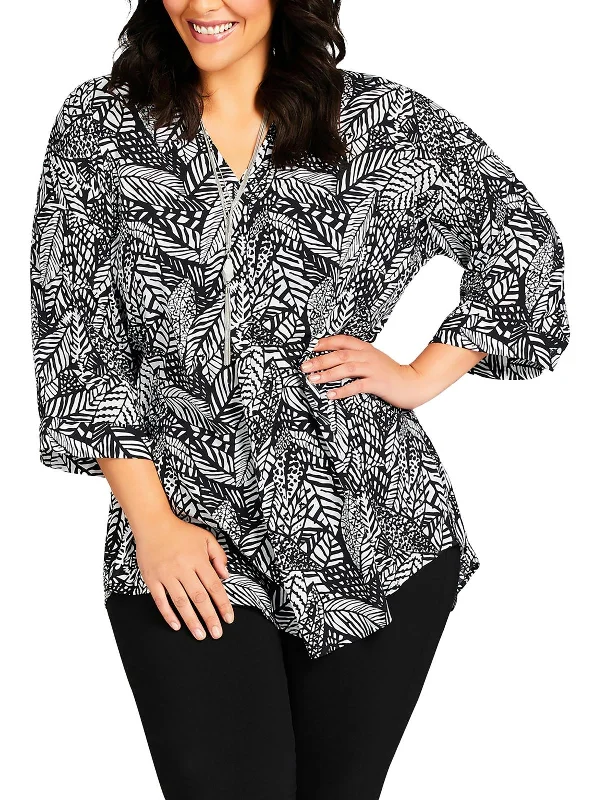 Plus Womens Printed Split Neck Henley