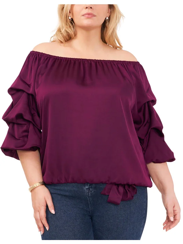 Plus Womens Ruched Ruffle Sleeve Off The Shoulder