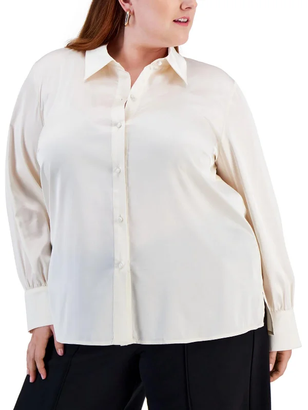 Plus Womens Satin Collared Button-Down Top