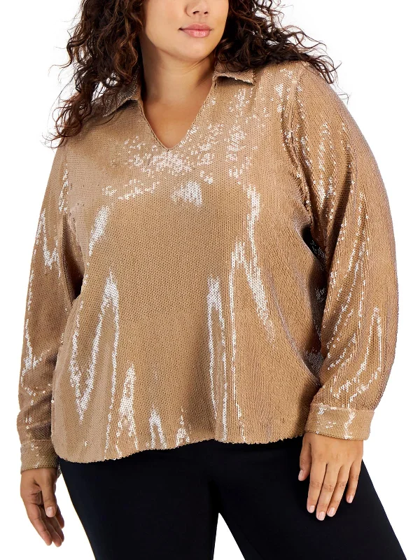 Plus Womens Sequined Collared Blouse