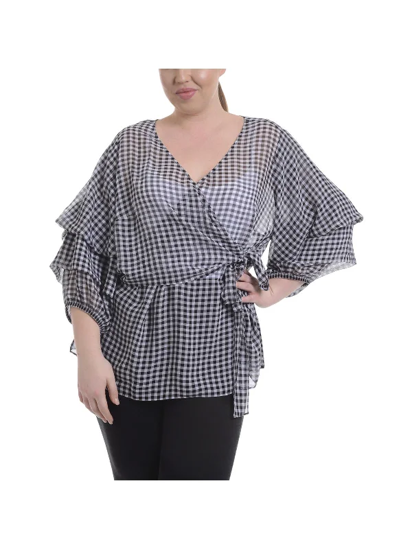 Plus Womens Sheer Gingham Wrap Top